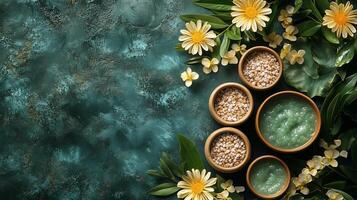 Spa and beauty products on a green background photo