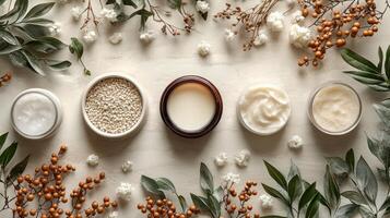 Various types of skin care products arranged on a white background photo