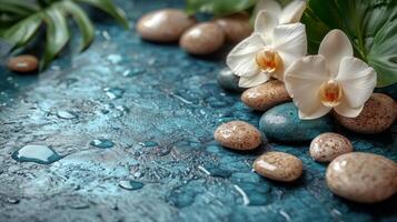 Spa stones and orchid on a blue background photo