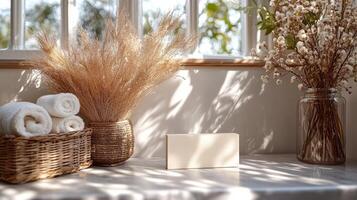 A white towel, a vase of dried grass and a basket of towels photo