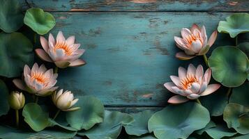 Lotus flowers on a blue wooden background photo