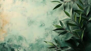 Green leaves on a green wall with a grunge texture photo