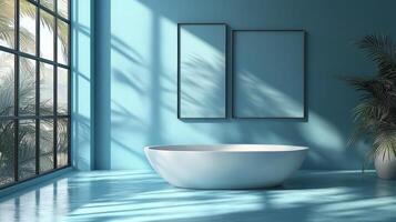 A blue bathroom with a large window and a tub photo