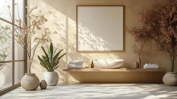 A bathroom with a large window and a sink photo