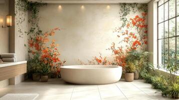 A bathroom with a large tub and plants photo