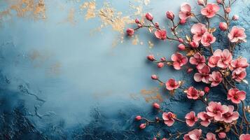 Pink flowers on a blue background photo