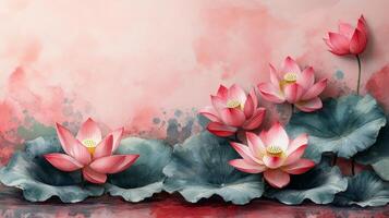 Watercolor lotus flowers on a pink background photo