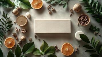 A white square of soap surrounded by oranges, nuts and leaves photo