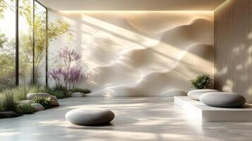 A modern room with a large window and stone benches photo