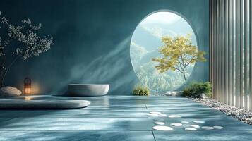 A bathroom with a large window and a stone floor photo