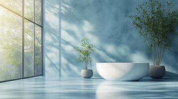 A blue bathroom with a large window and a tub photo