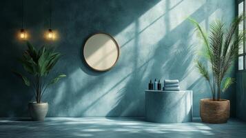 A bathroom with a round mirror, plants and a potted plant photo