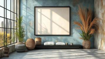A room with a large blank canvas and vases photo