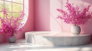 A pink room with two vases of flowers photo