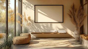 A room with a large window and a bench photo