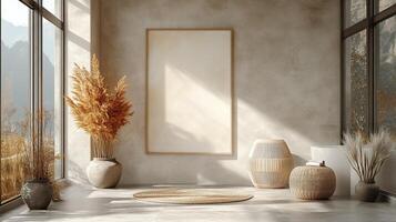 A room with a large window and a vase of plants photo