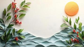 Paper cut flowers and leaves on a white background photo