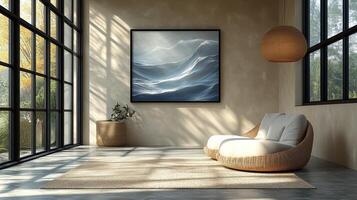 A large painting hangs in the corner of a room photo