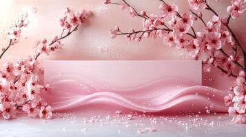 Pink background with a blank card and cherry blossom photo