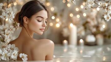 A woman in a spa tub with flowers photo