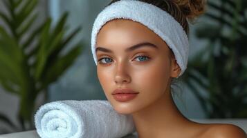 Beautiful woman with towel on her head and a towel on her head photo