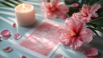 A pink flower and a candle are next to a note photo