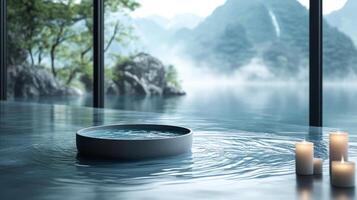 A bathtub with water and candles in front of a mountain photo
