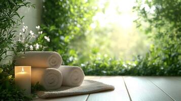 Spa room with candles and towels photo