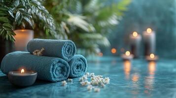 Spa towels and candles on a blue background photo