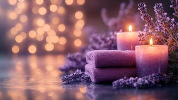 Spa concept with candles and lavender flowers on the background of bokeh lights photo