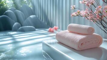 A white bathtub with pink towels and flowers photo