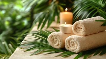Spa towels and candles on a table photo