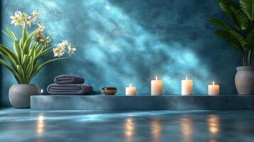 Spa room with candles and flowers on the floor photo