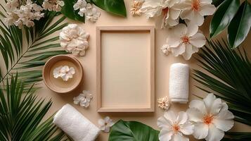 Spa flowers and towels on a beige background photo