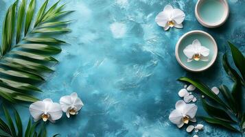 Spa spa background with white orchid flowers and leaves on blue background photo