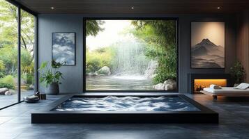 A modern bathroom with a large tub and fireplace photo