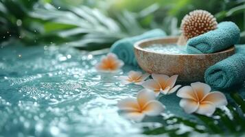 Spa concept with towels and flowers in the water photo
