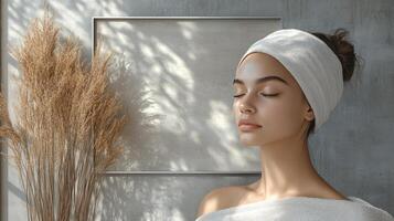 A woman in a towel is looking at a plant photo