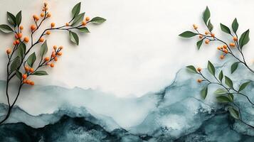 Watercolor painting of orange and green leaves on a white background photo