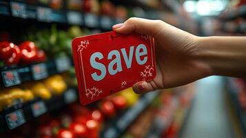 Save sign in supermarket aisle photo