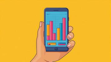 A hand holding a smartphone with a bar chart on it photo