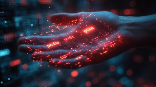 A hand is holding a glowing red and blue digital code photo
