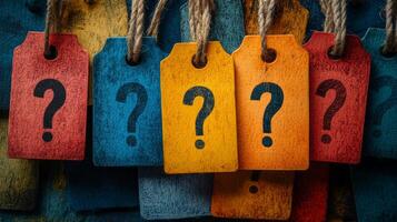 Colorful tags with question marks hanging on a rope photo