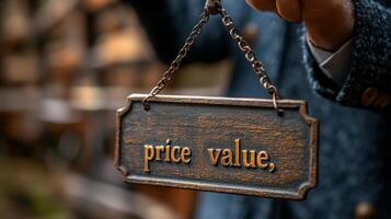 Price value sign hanging from a person's hand photo