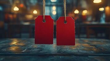 Two red tags hanging from a string on a wooden table photo