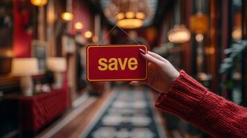 A person holding up a save sign in a hallway photo