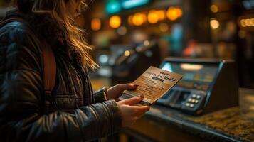 A woman is holding a ticket at a cash register photo