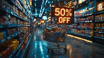 50 off shopping cart in supermarket aisle photo