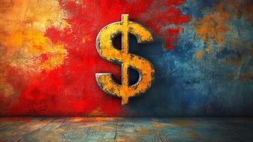 A dollar sign painted on a wall with red, blue and yellow paint photo