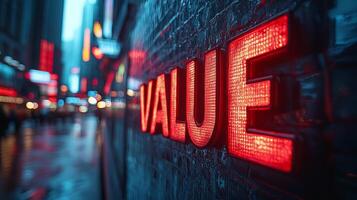 Value is the word that is illuminated in red on a street photo